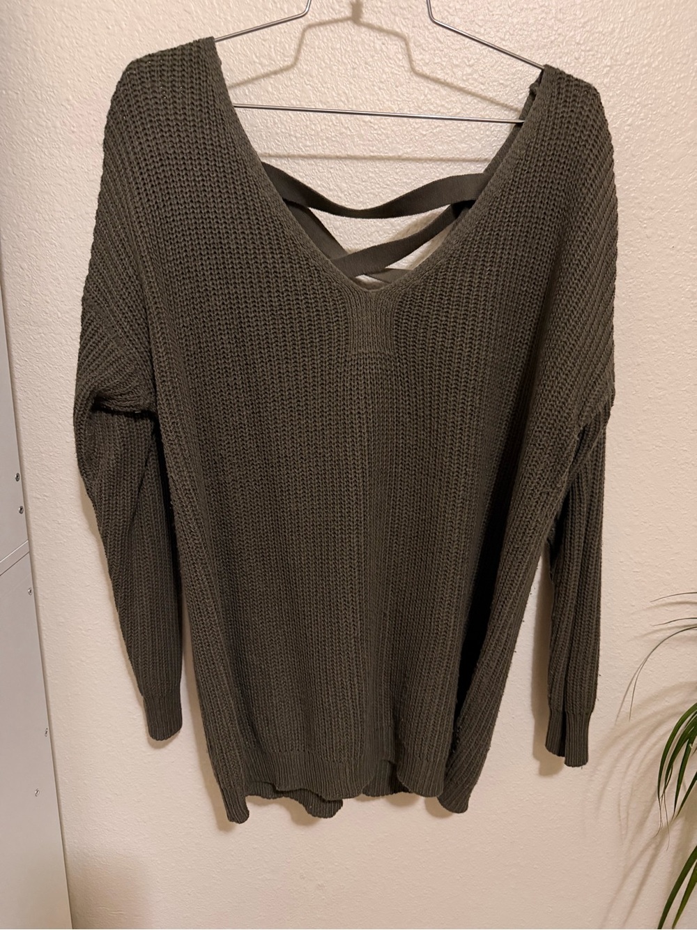 RD Style Olive V-Neck Sweater with Crisscross Back